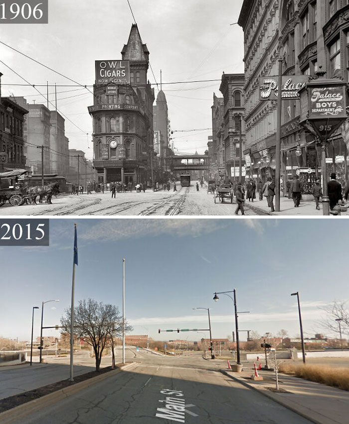 This meme is a comparison between a historical photo and a modern-day photo of the same location. The historical photo shows a bustling city street with horse-drawn carriages and old-fashioned streetlights, while the modern photo shows a desolate and empty street with a few scattered cars and a "No Trespassing" sign. The text "2023: I'm the last person left" appears in the modern photo.